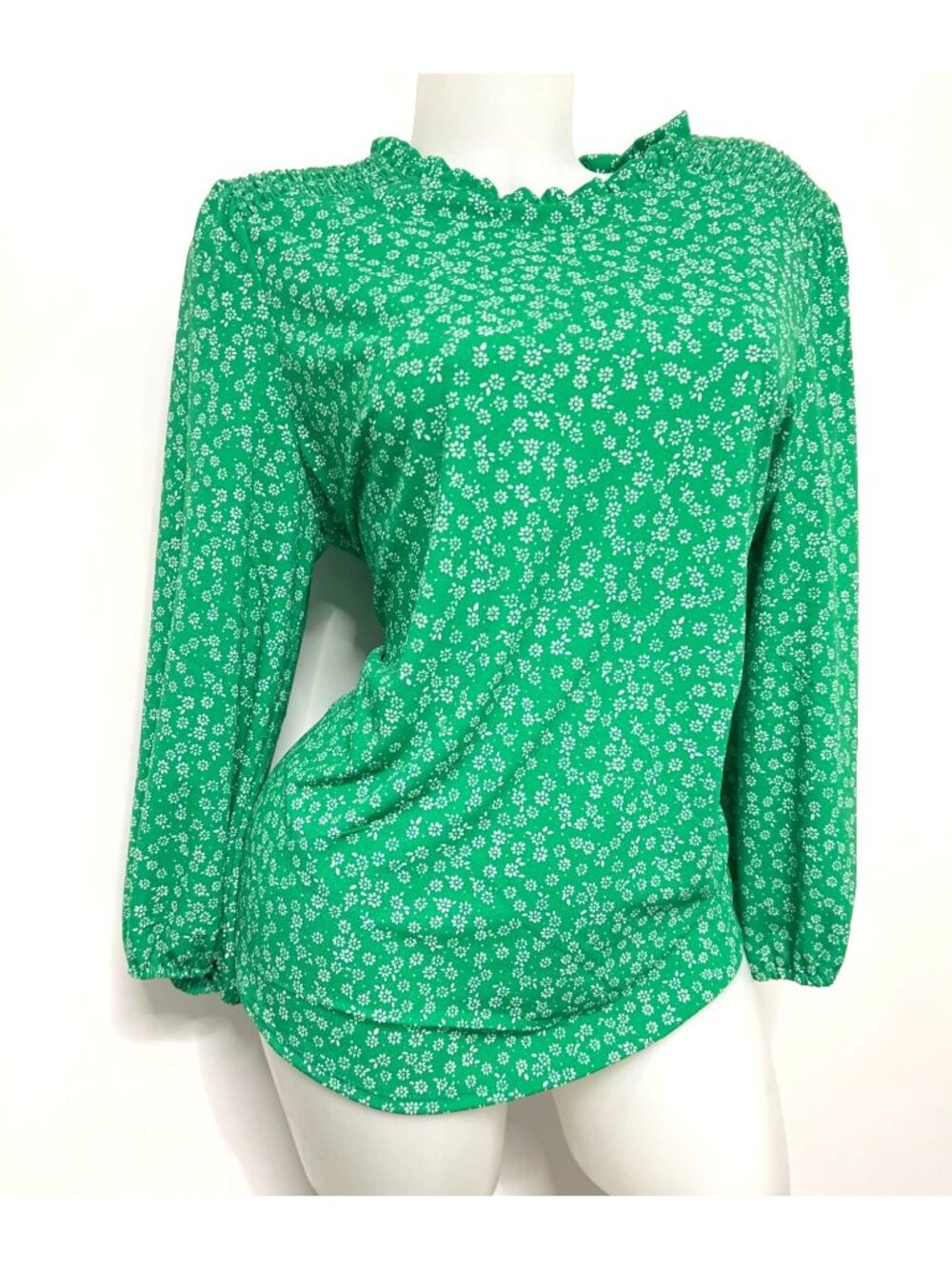 Adrianna Papell Green Blouse Small floral Pattern Long Sleeve Ruffle Size Large